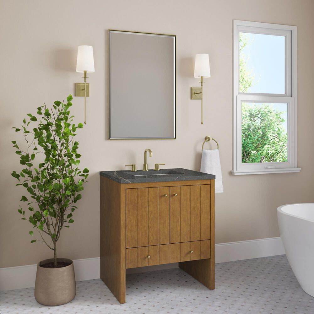 James Martin Hudson 30" Single Bathroom Vanity in Honey Oak with 3 cm Parisien Bleu Silestone Top and Rectangular Sink, , large