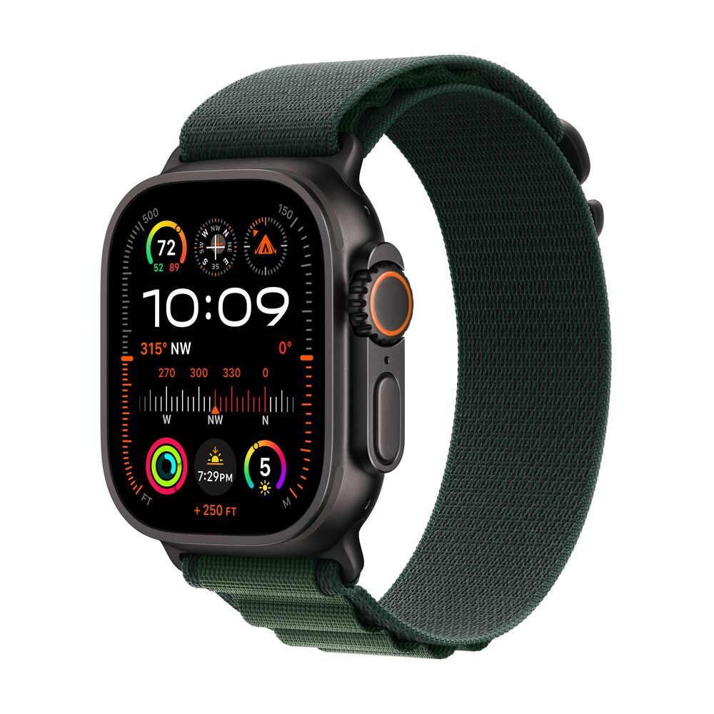 Apple Watch Ultra 2 GPS + Cellular 49mm Black Titanium Case with Dark Green Alpine Loop - Medium, , large