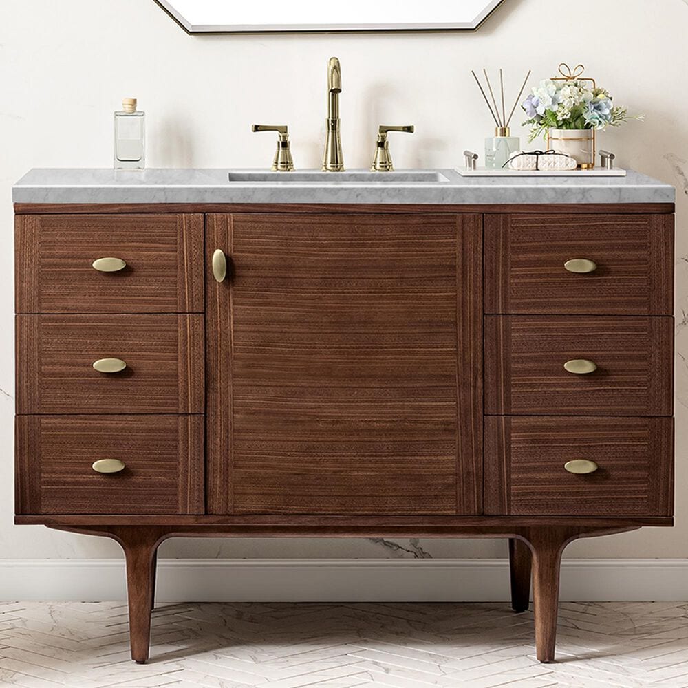 James Martin Vanities Amberly 48&quot; Single Bathroom Vanity in Walnut with 3 cm Carrara White Marble Top and Rectangular Sink, , large