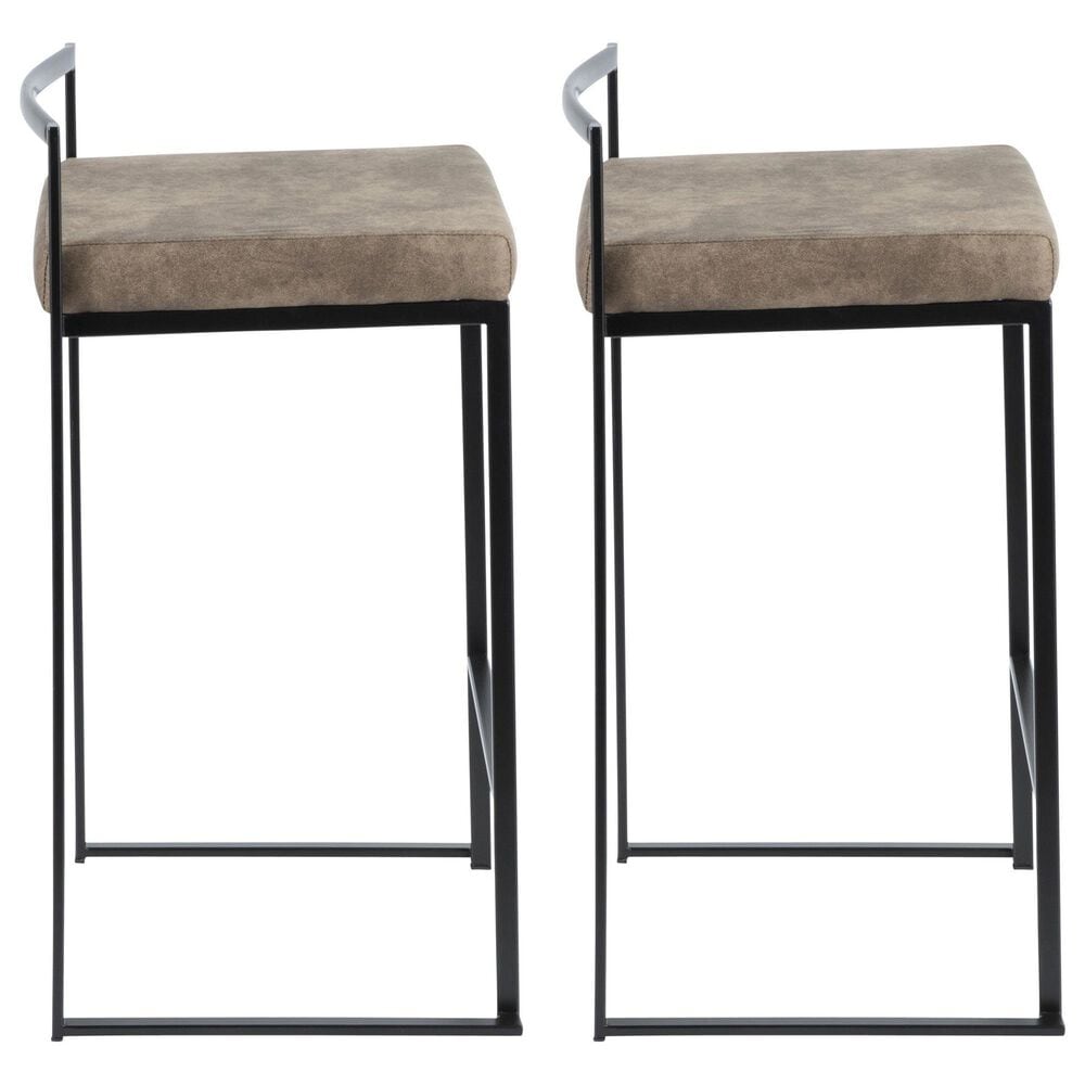 LumiSource Fuji 26" Stacker Counter Stool with Brown Cowboy Upholstery in Black (Set of 2), , large