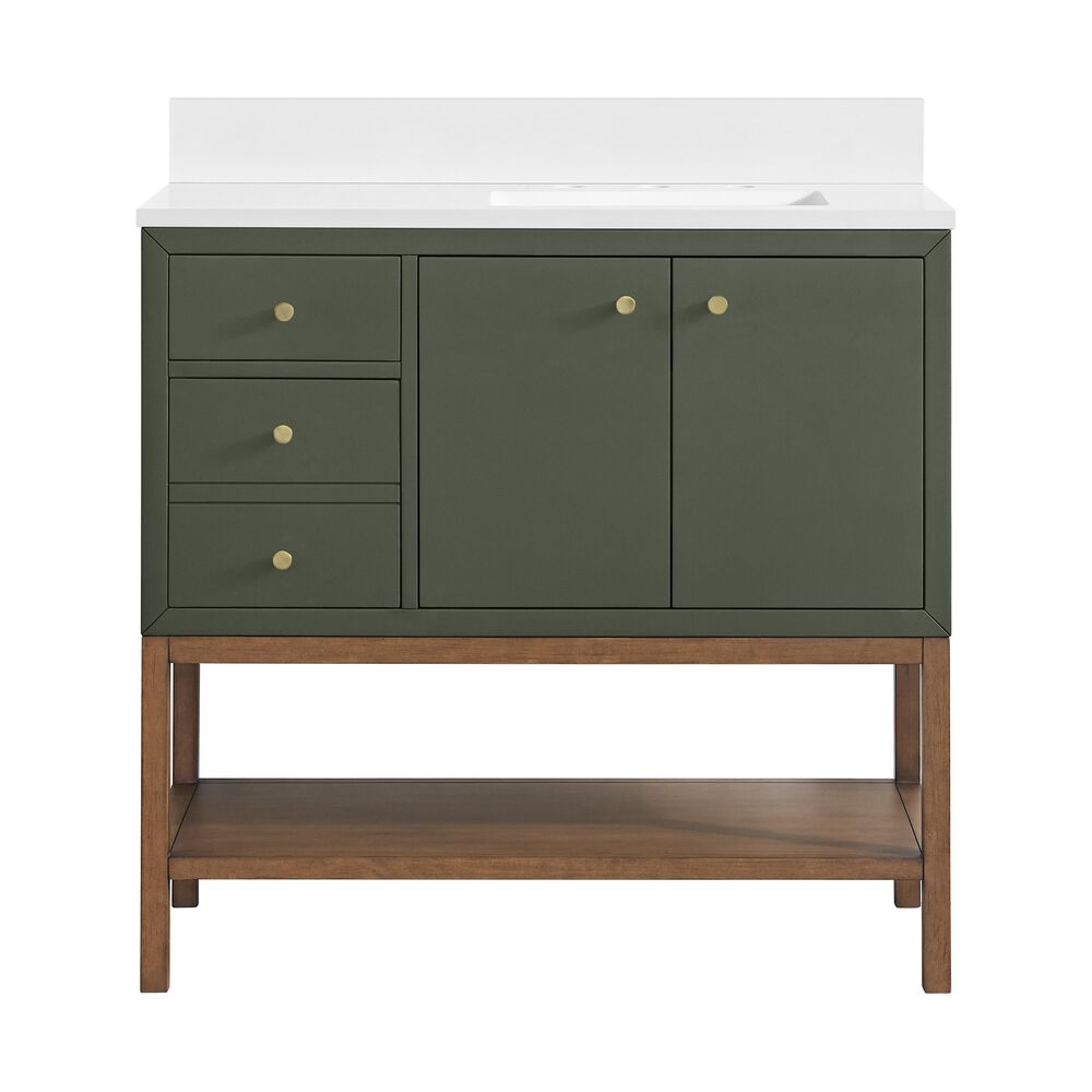 37B Isadore 36" Single Bathroom Vanity Cabinet in Deep Olive Green and White Composite Stone Top and Backsplash, , large