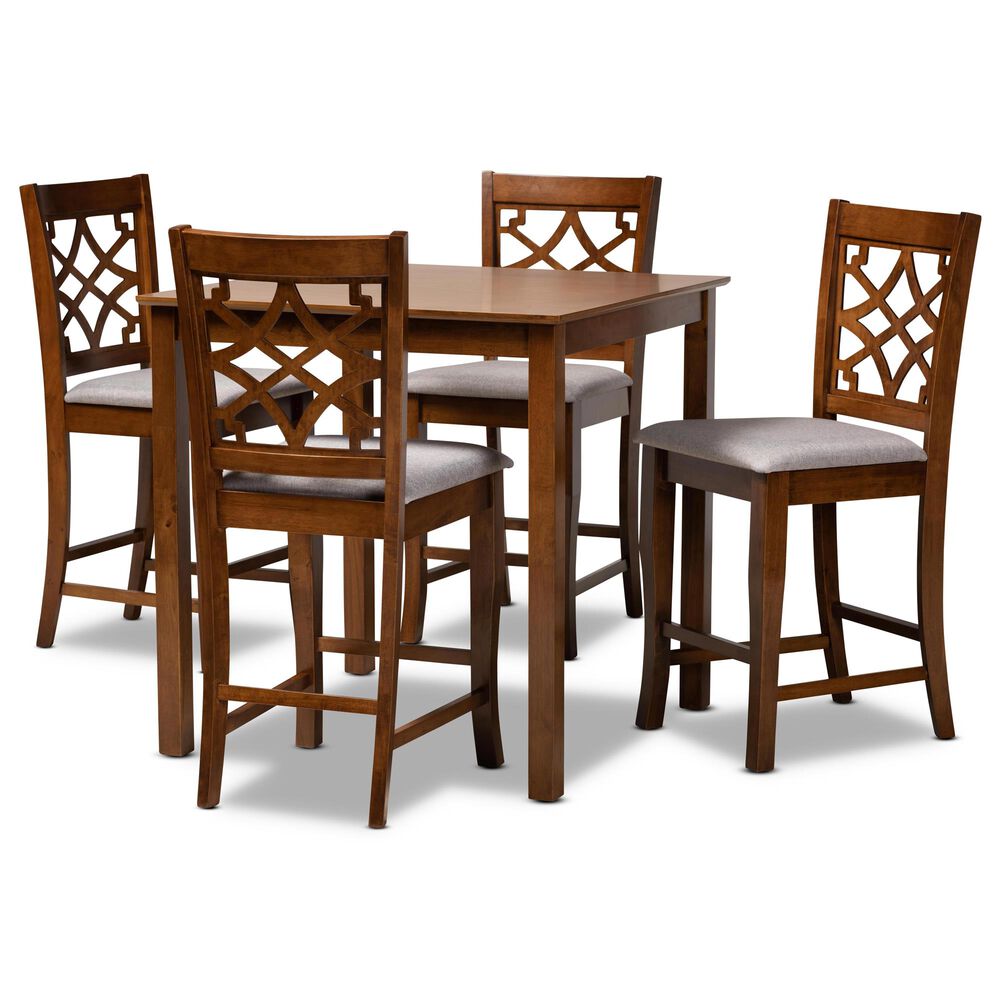 Baxton Studio Nisa 5-Piece Pub Set in Grey/Walnut Brown, , large