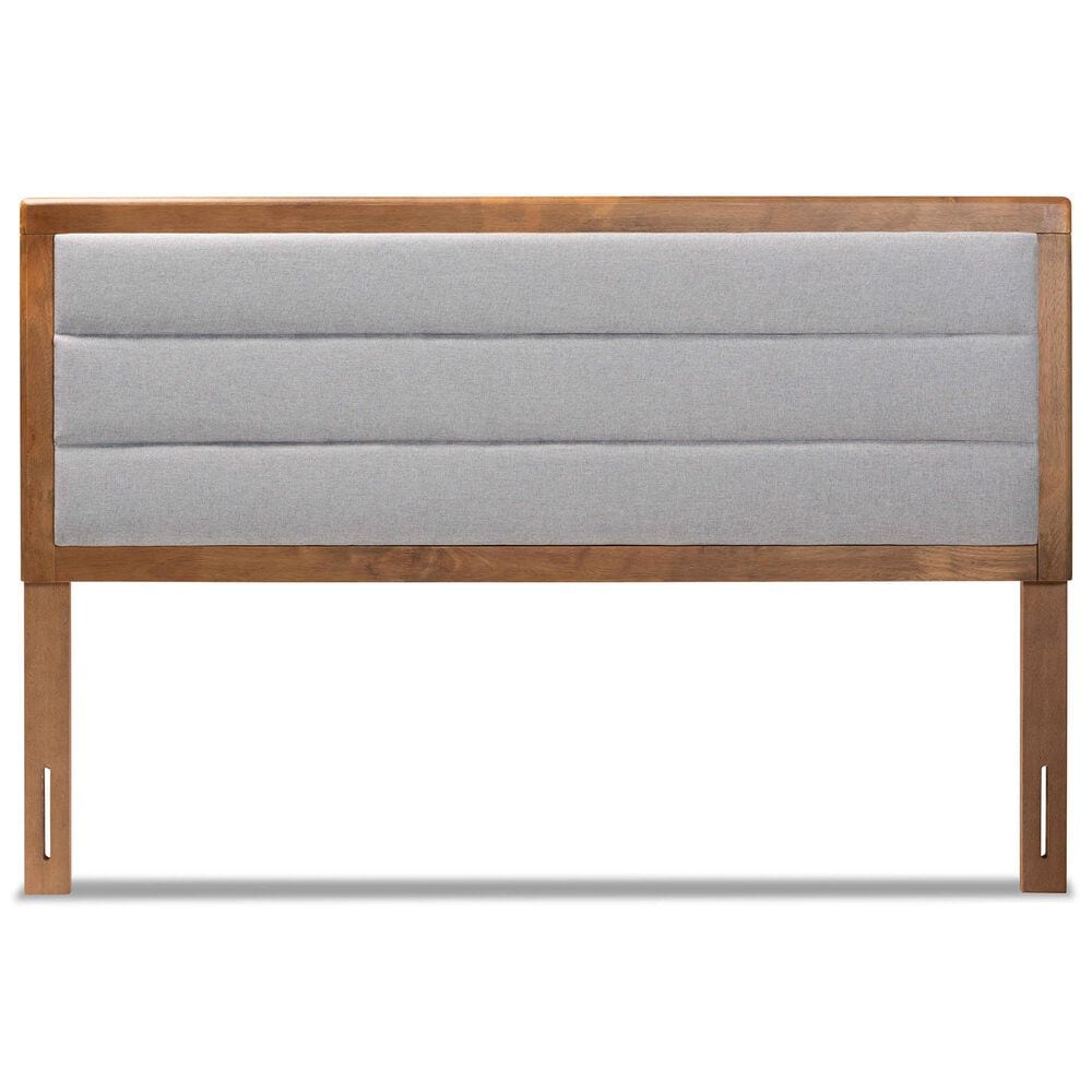 Baxton Studio Dexter Full Panel Headboard with Light Grey Fabric in Walnut Brown, , large