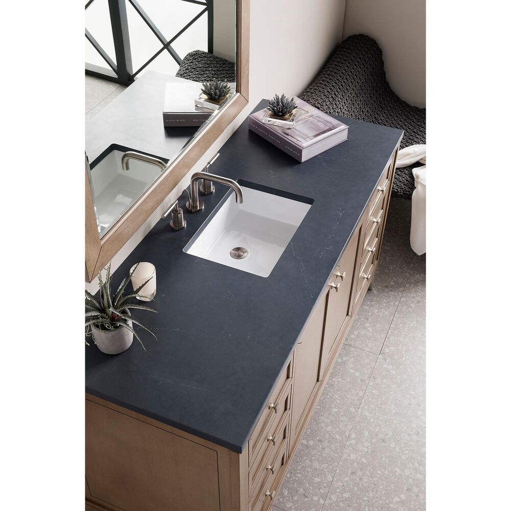 James Martin Vanities Chicago 60&quot; Single Bathroom Vanity in Whitewashed Walnut with 3 cm Charcoal Soapstone Quartz Top and Rectangular Sink, , large