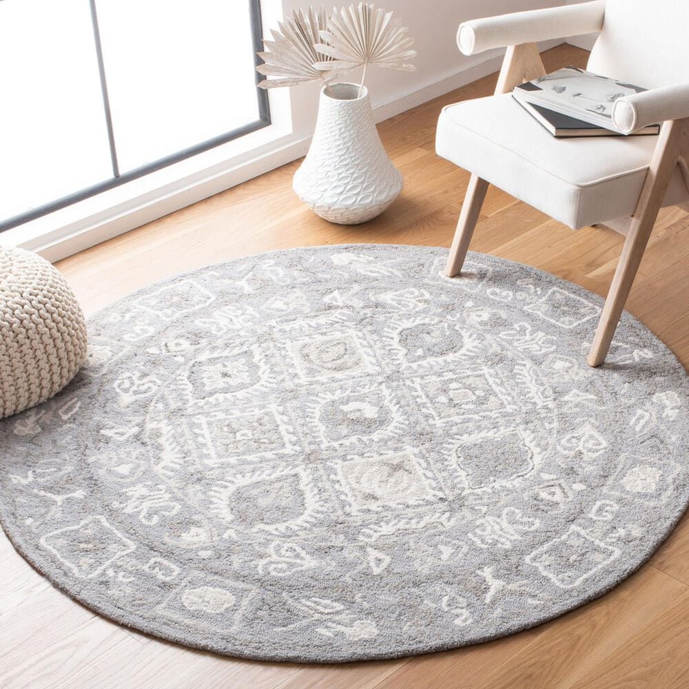 Safavieh Micro-Loop Southwestern 5&#39; Round Ivory and Grey Area Rug, , large