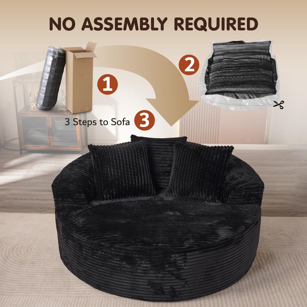 HOMLUX 59" Plush Corduroy Round Chair in Black, , large