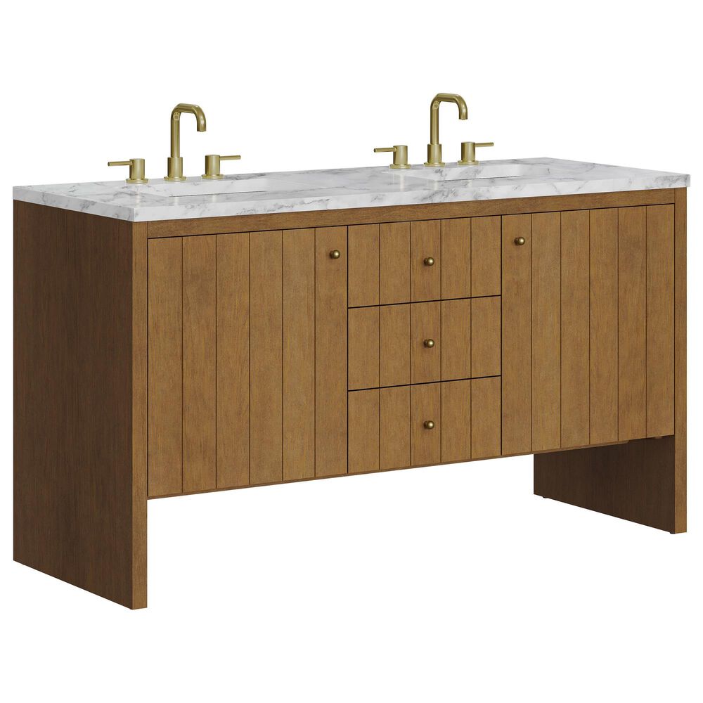 James Martin Hudson 60" Double Bathroom Vanity in Honey Oak with 3 cm Carrara Marble Top and Rectangular Sinks, , large