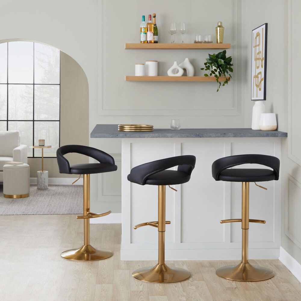 LumiSource Grotto Adjustable Bar Stool with Black Faux Leather Upholstery in Gold (Set of 2), , large