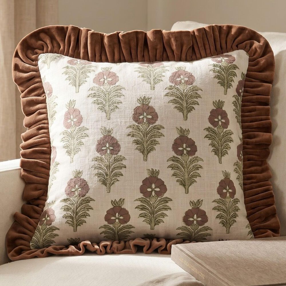 Creative Coop Cozy 18" Square Floral Throw Pillow with Mustard Velvet Ruffle in Olive Green, Deep Brown and Ivory, , large