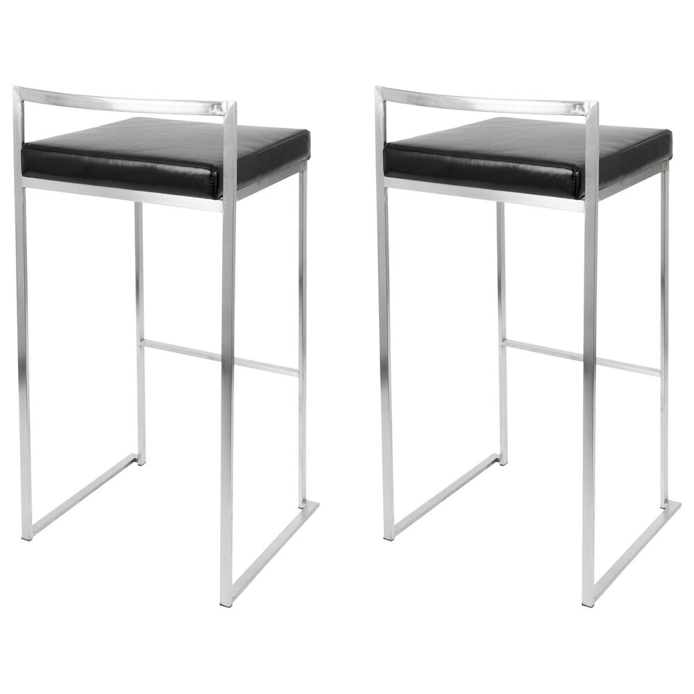 Lumisource Fuji Stackable Barstool with Black Faux Leather in Brushed Stainless Steel &#40;Set of 2&#41;, , large