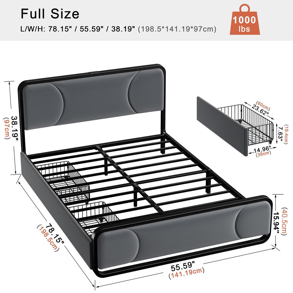 HOMLUX Full Upholstered Platform Storage Bed Frame in Gray, , large