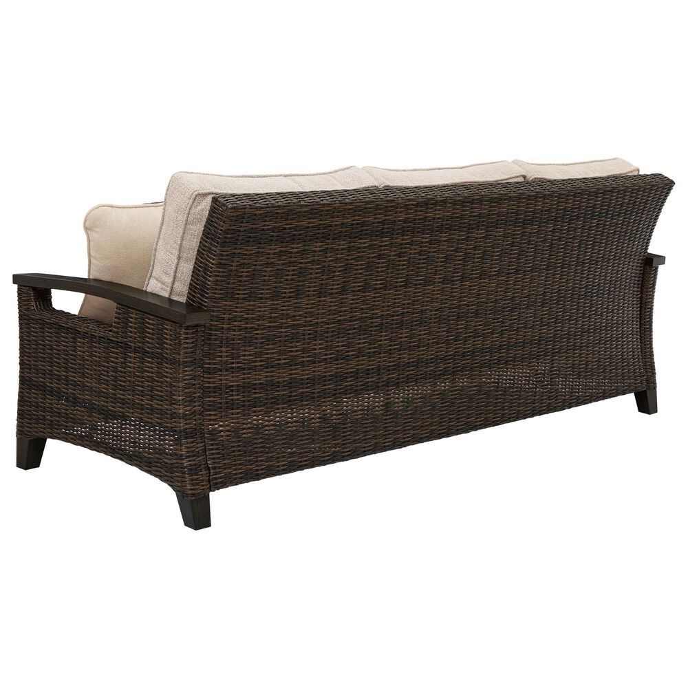 Ashley Monterey Point Stationary Sofa with Beige Cushions in Dark Brown, , large