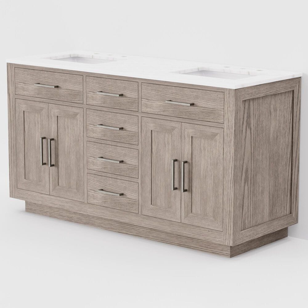 Lexora Home Abbey 60" Double Bathroom Vanity in Grey Oak with 2 cm White Carrara Marble Top and Rectangular Sinks, , large