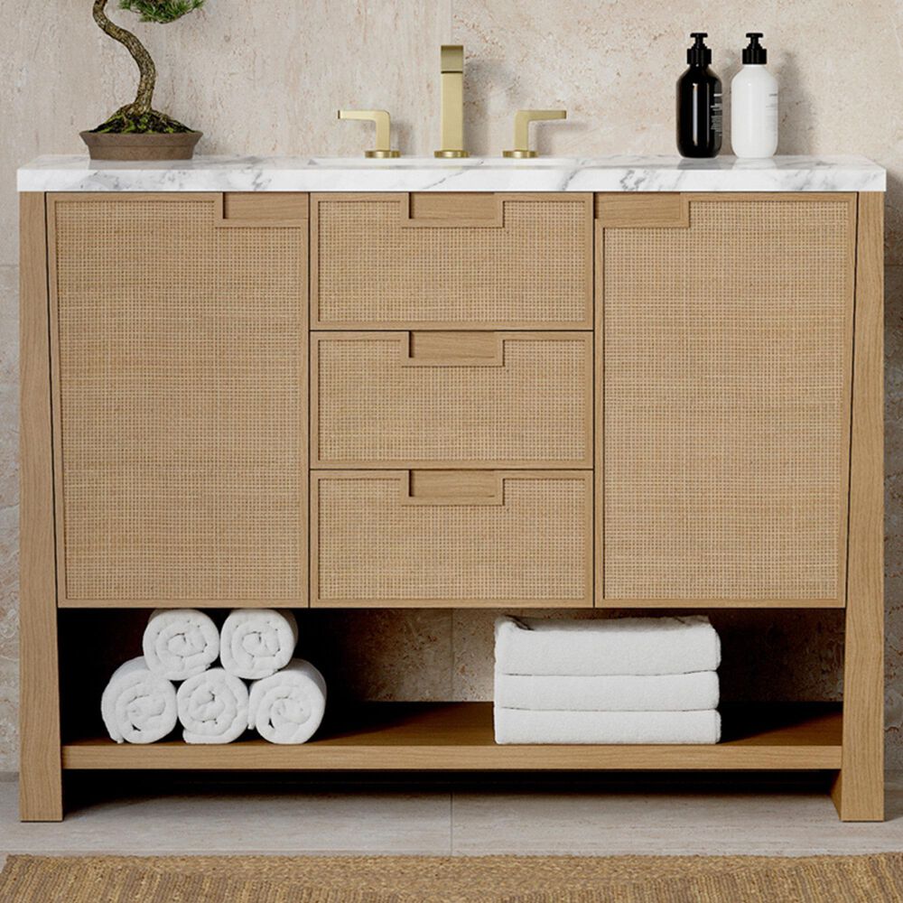 James Martin Vanities Solene 48" Single Bathroom Vanity in Seaside Oak with 3 cm Carrara White Marble Top and Rectangular Sink, , large