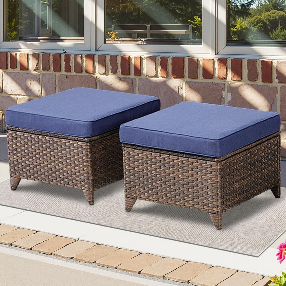 Hearth and Haven Patio Wicker Ottoman with Solid Weave Design in Blue (Set of 2), , large