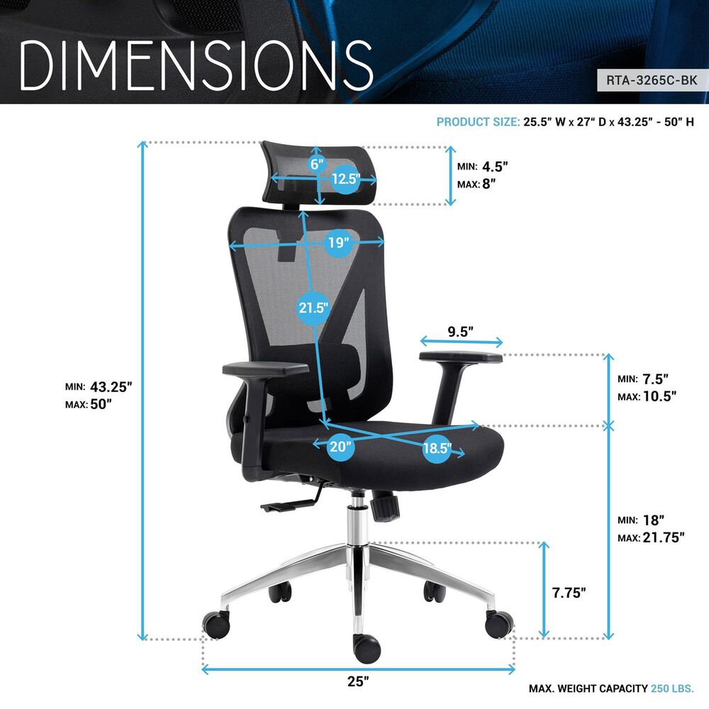 Rta Products Llc Truly Ergonomic Mesh Office Chair with Headrest and Lumbar Support in Black, , large