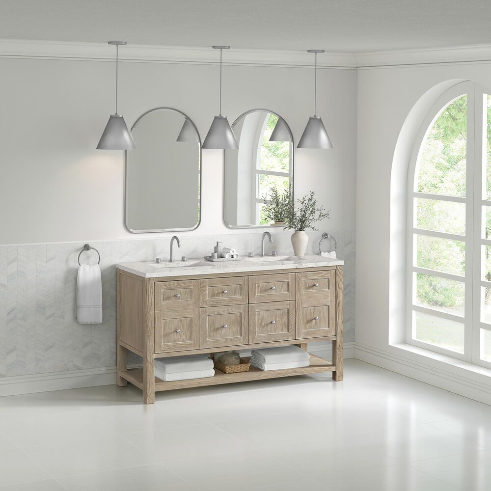 James Martin Vanities Breckenridge 60" Double Bathroom Vanity in Whitewashed Oak with 3 cm Eternal Jasmine Pearl Silestone Top, Rectangular Sinks and FreePower Wireless Charger, , large
