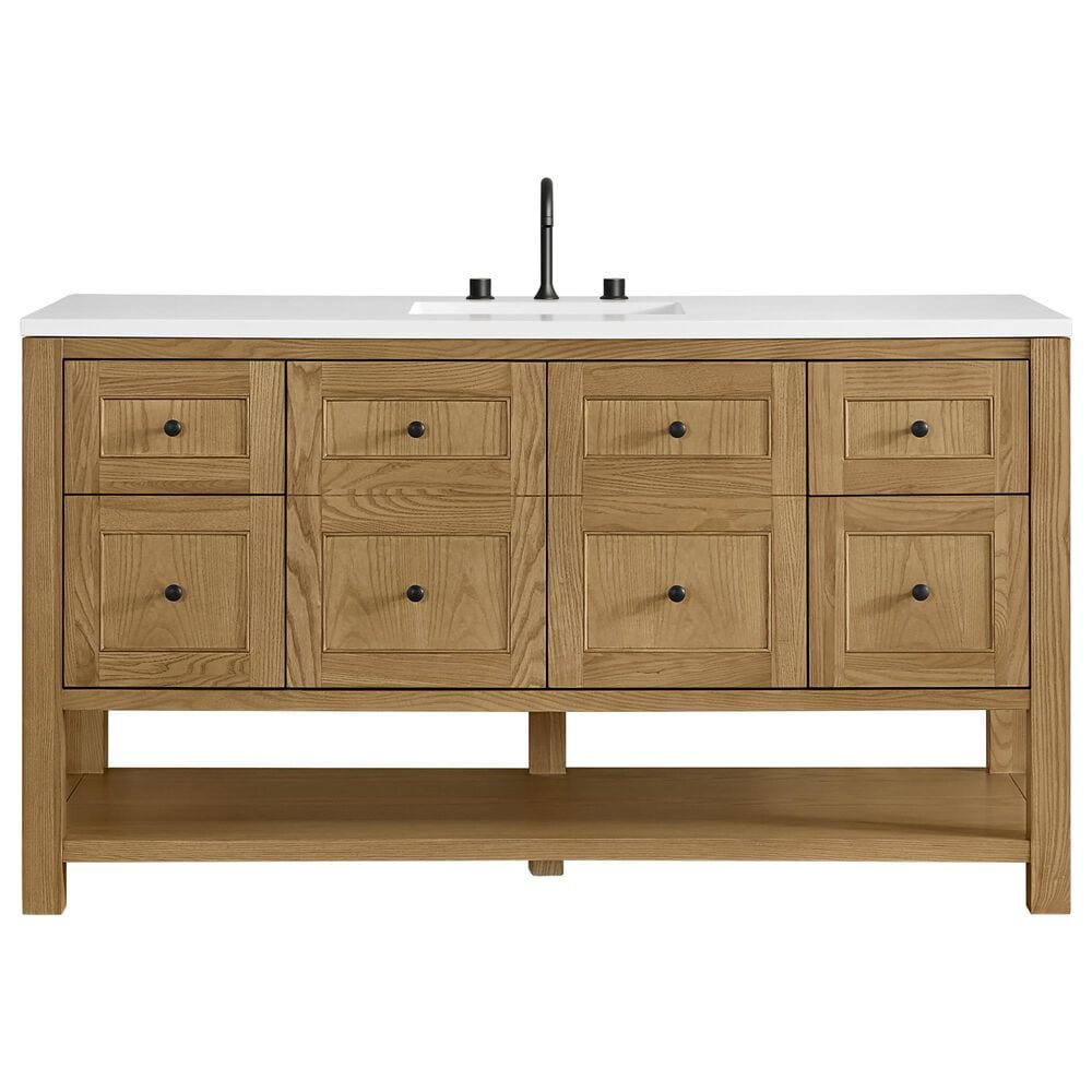 James Martin Vanities Breckenridge 60" Single Bathroom Vanity in Light Natural Oak with 3 cm White Zeus Quartz Top and Rectangular Sink, , large