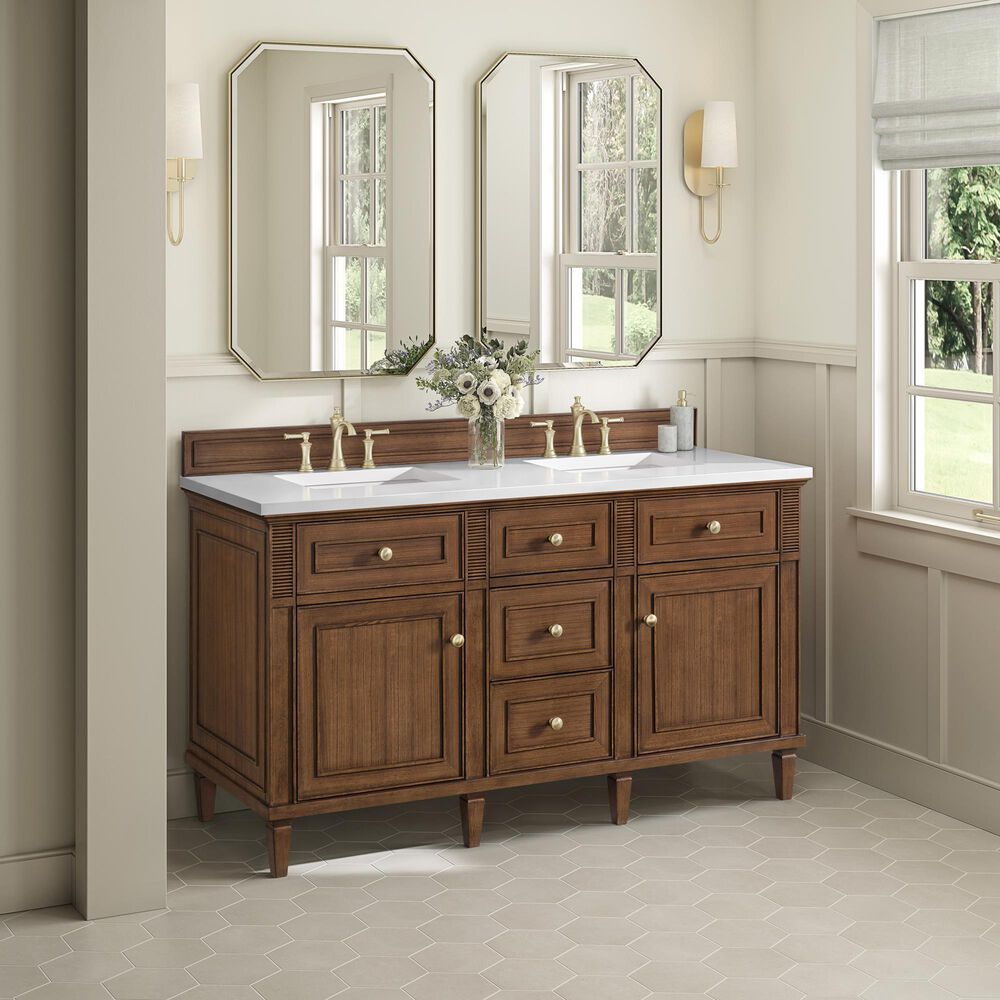 James Martin Vanities Lorelai 60&quot; Double Vanity in Mid-Century Walnut with 3 cm White Zeus Quartz Top, , large