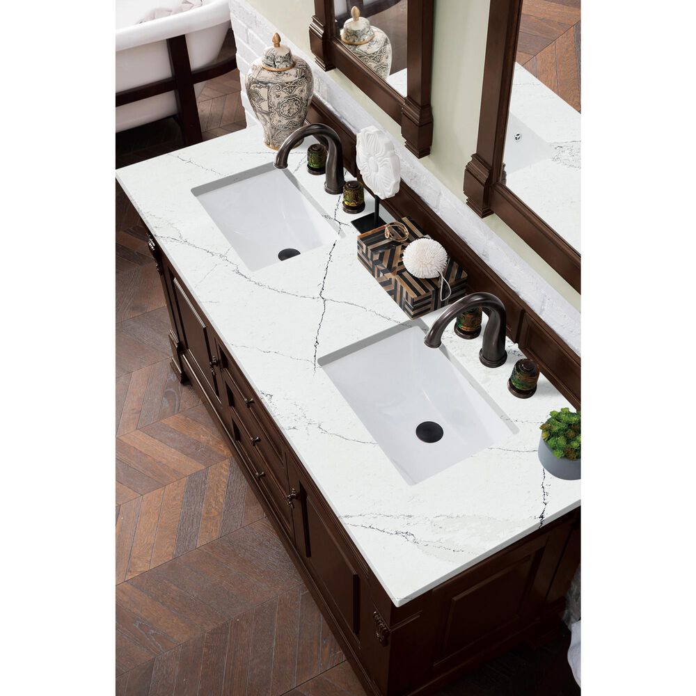 James Martin Vanities Brookfield 60&quot; Double Bathroom Vanity in Burnished Mahogany with 3 cm Ethereal Noctis Quartz Top and Rectangle Sinks, , large