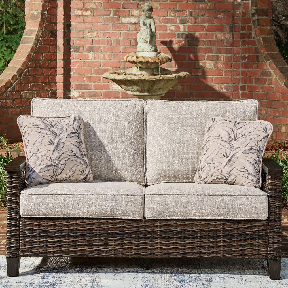 Ashley Monterey Point Stationary Loveseat with Beige Cushions in Dark Brown, , large