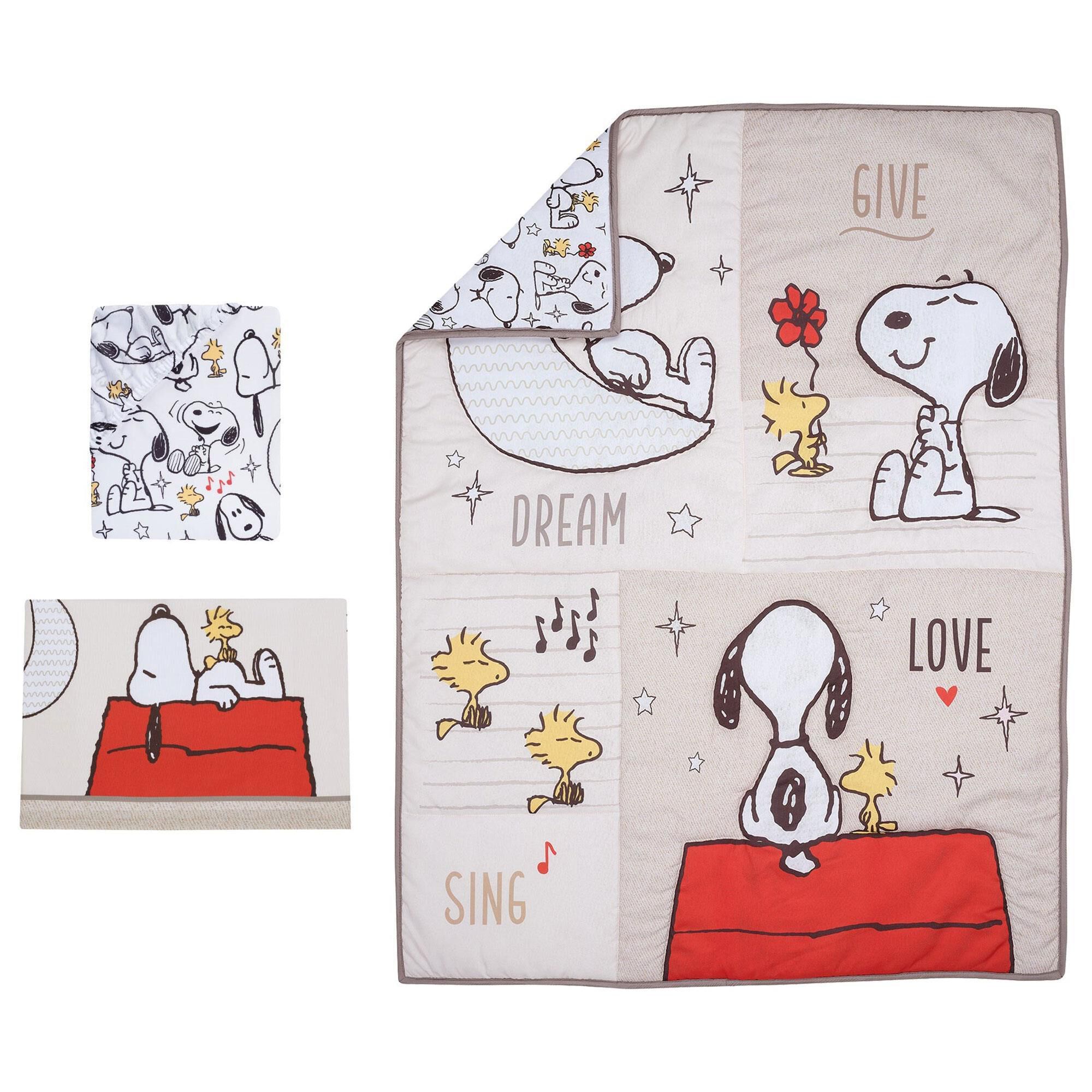 Lambs and Ivy Snoopy Love 3 Piece Crib Bedding Set in White NFM