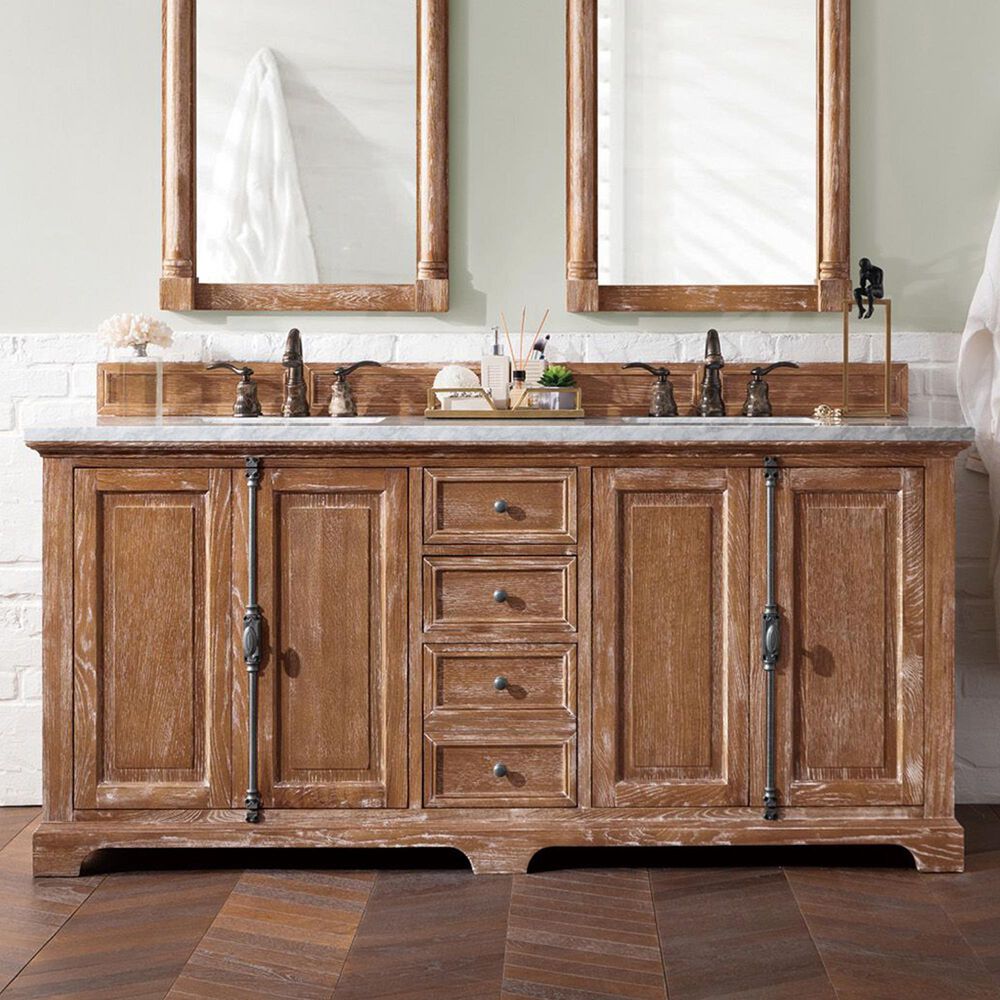 James Martin Vanities Providence 72&quot; Double Bathroom Vanity in Driftwood with 3 cm Carrara White Marble Top and Rectangular Sinks, , large