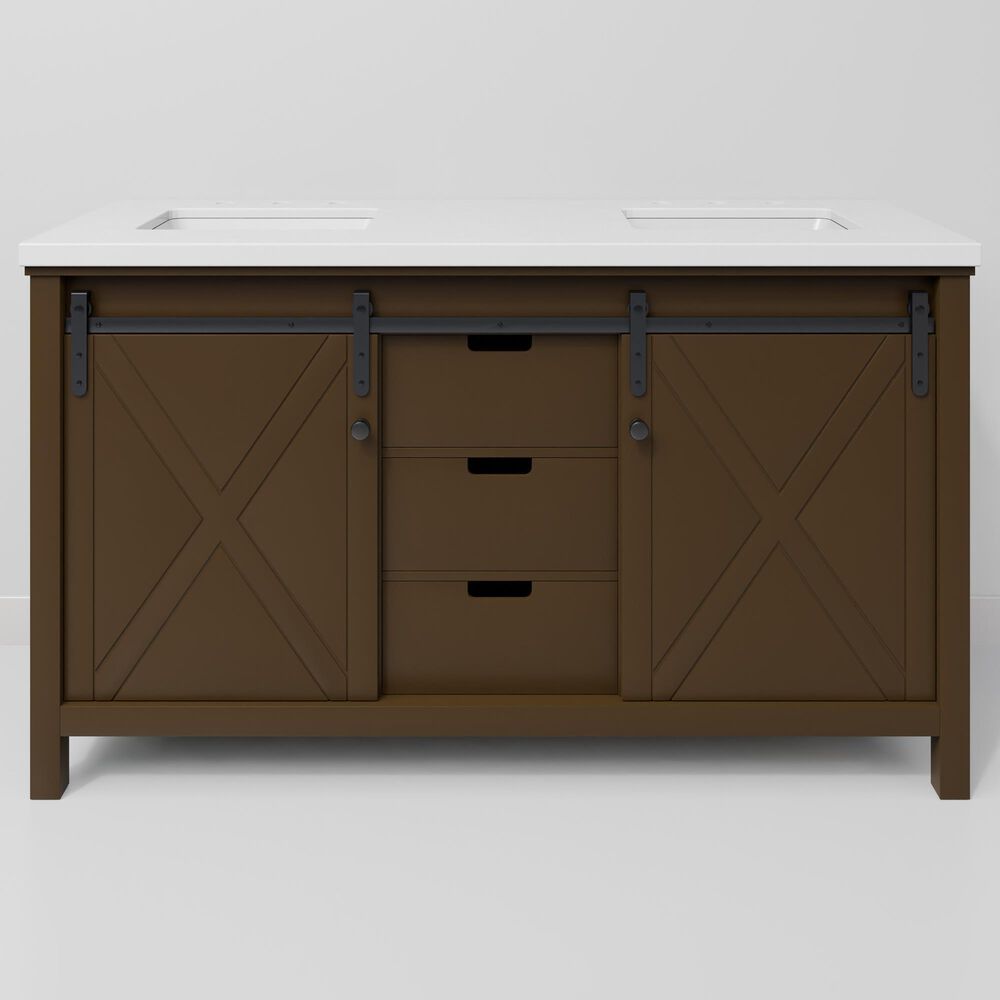 Lexora Home Marsyas 60" Double Bathroom Vanity in Brown with 2 cm White Cultured Marble Top and Rectangular Sinks, , large