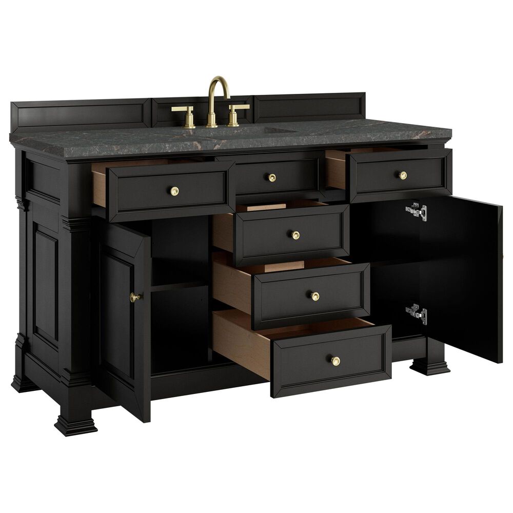 James Martin Vanities Brookfield 60" Single Bathroom Vanity in Black Onyx with 3 cm Parisien Bleu Quartz Top, Rectangle Sink and FreePower Wireless Charger, , large