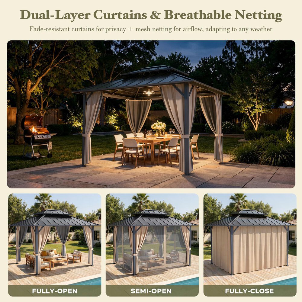 HOMLUX 10' x 12' Patio Hardtop Gazebo with Aluminum Posts in Khaki, , large