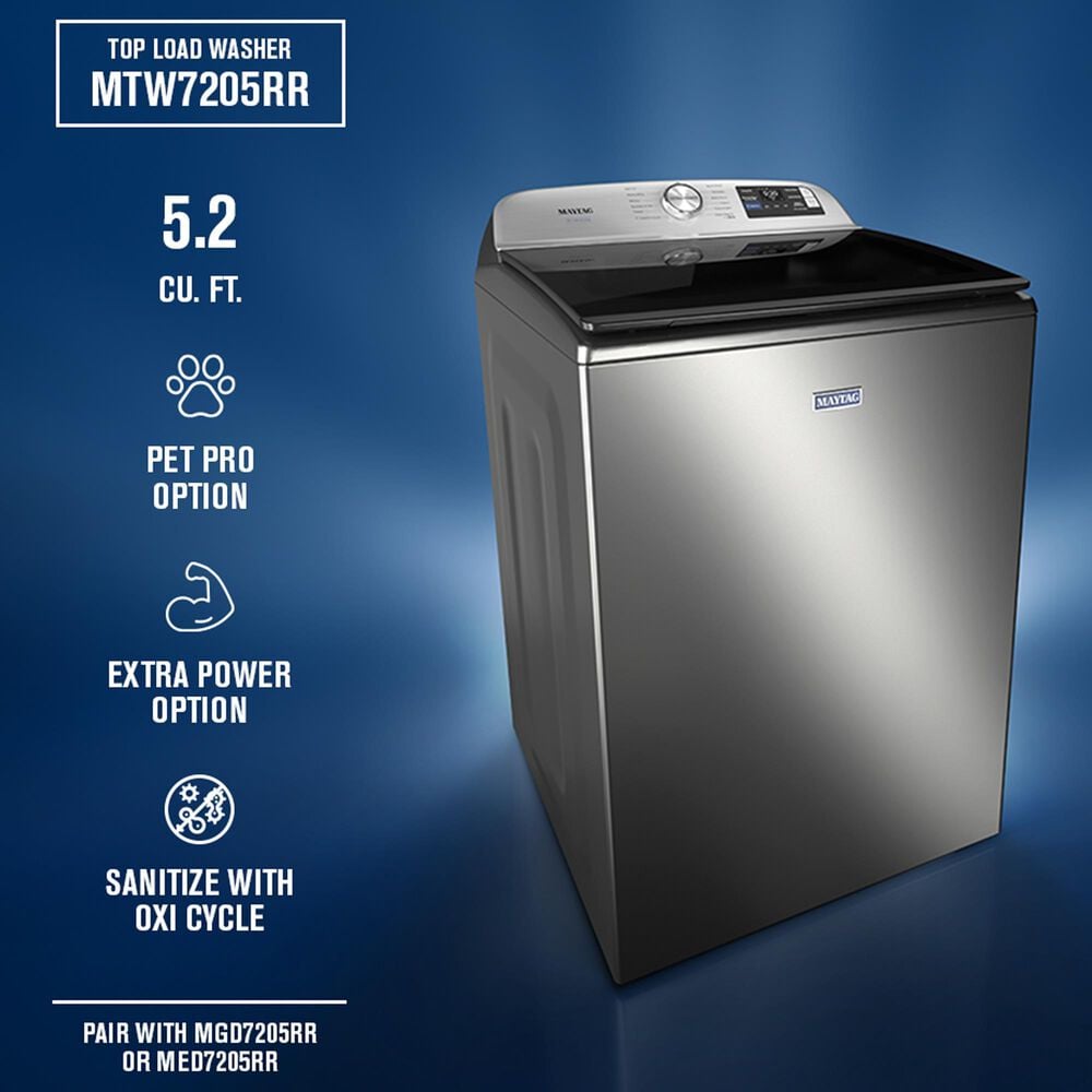 Maytag 5.2 Cu. Ft. Smart Pet Pro Top Load Agitator Washer and 7.4 Cu. Ft. Smart Electric Top Load Dryer Laundry Pair in Classic Silver, , large
