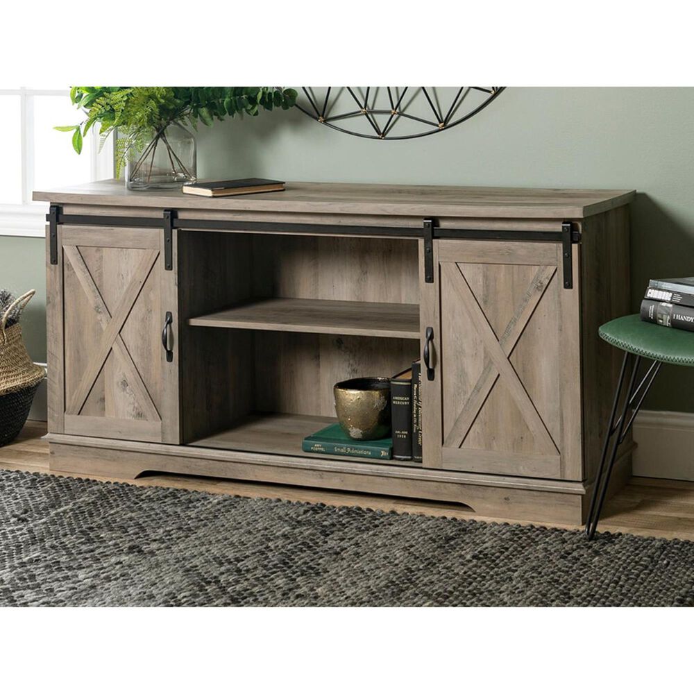 Walker Edison 58&quot; Sliding Barn Door TV Stand in Grey Wash, , large