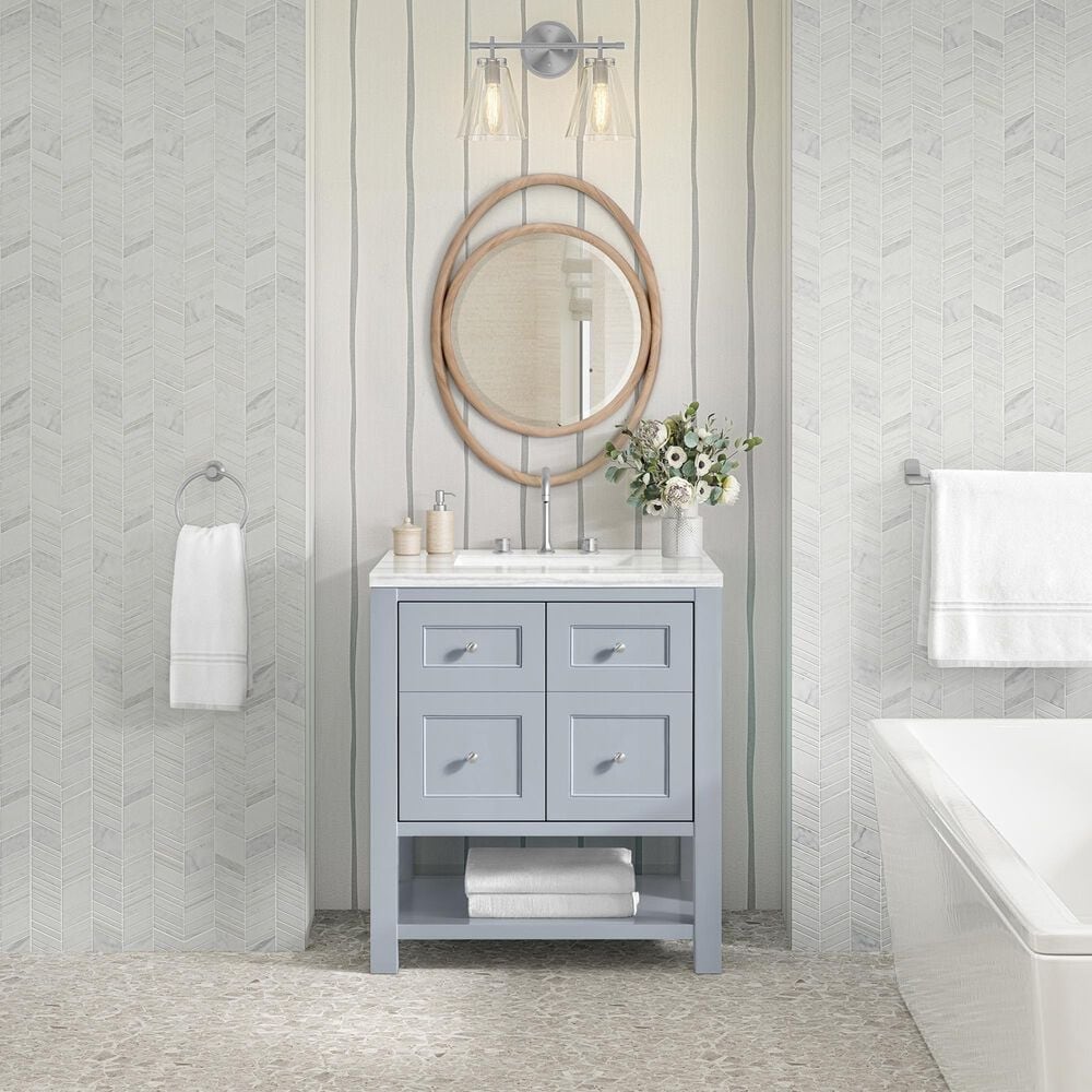James Martin Vanities Breckenridge 30&quot; Single Bathroom Vanity in Serenity Blue with 3 cm Arctic Fall Solid Surface Top and Rectangular Sink, , large