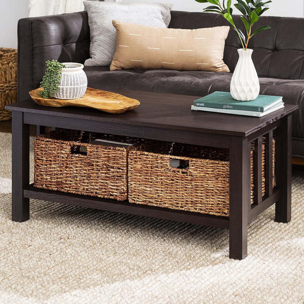 Walker Edison Mission Storage Coffee Table with Baskets in Espresso, , large