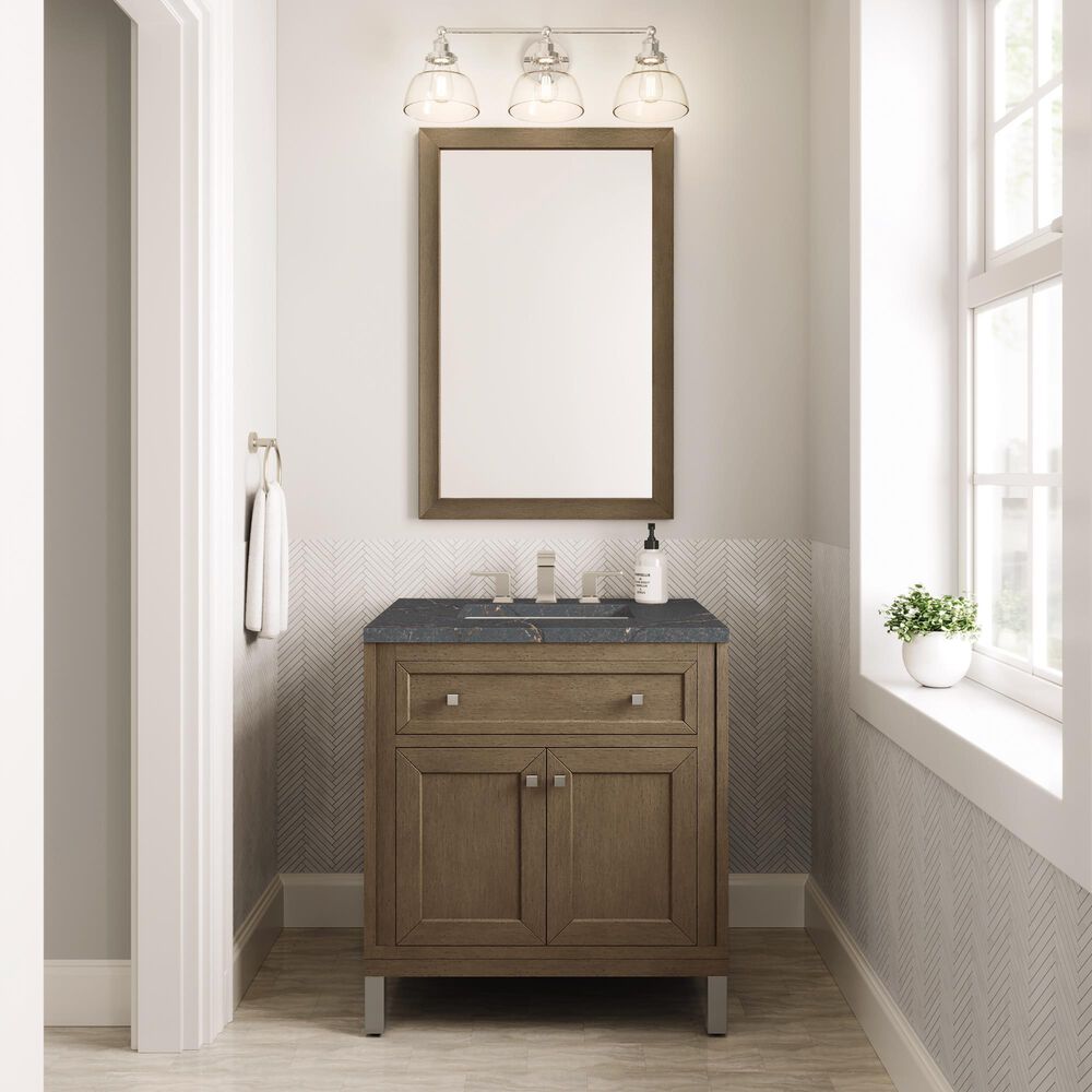 James Martin Vanities Chicago 30&quot; Single Bathroom Vanity in Whitewashed Walnut with 3 cm Parisien Bleu Quartz Top and Rectangular Sink, , large