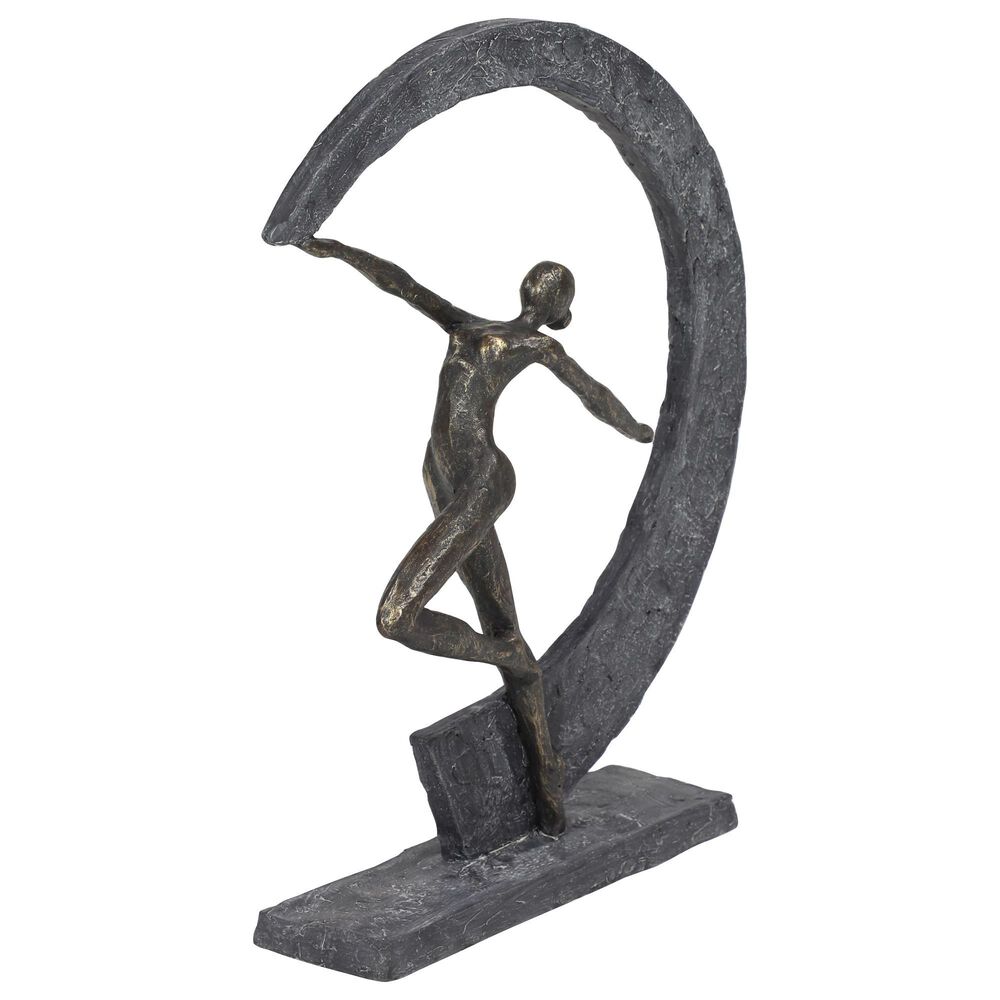 Maple and Jade 15&quot; x 12&quot; Resin Dancer and Crescent Moon Shaped Sculpture in Dark Gray and Gold, , large