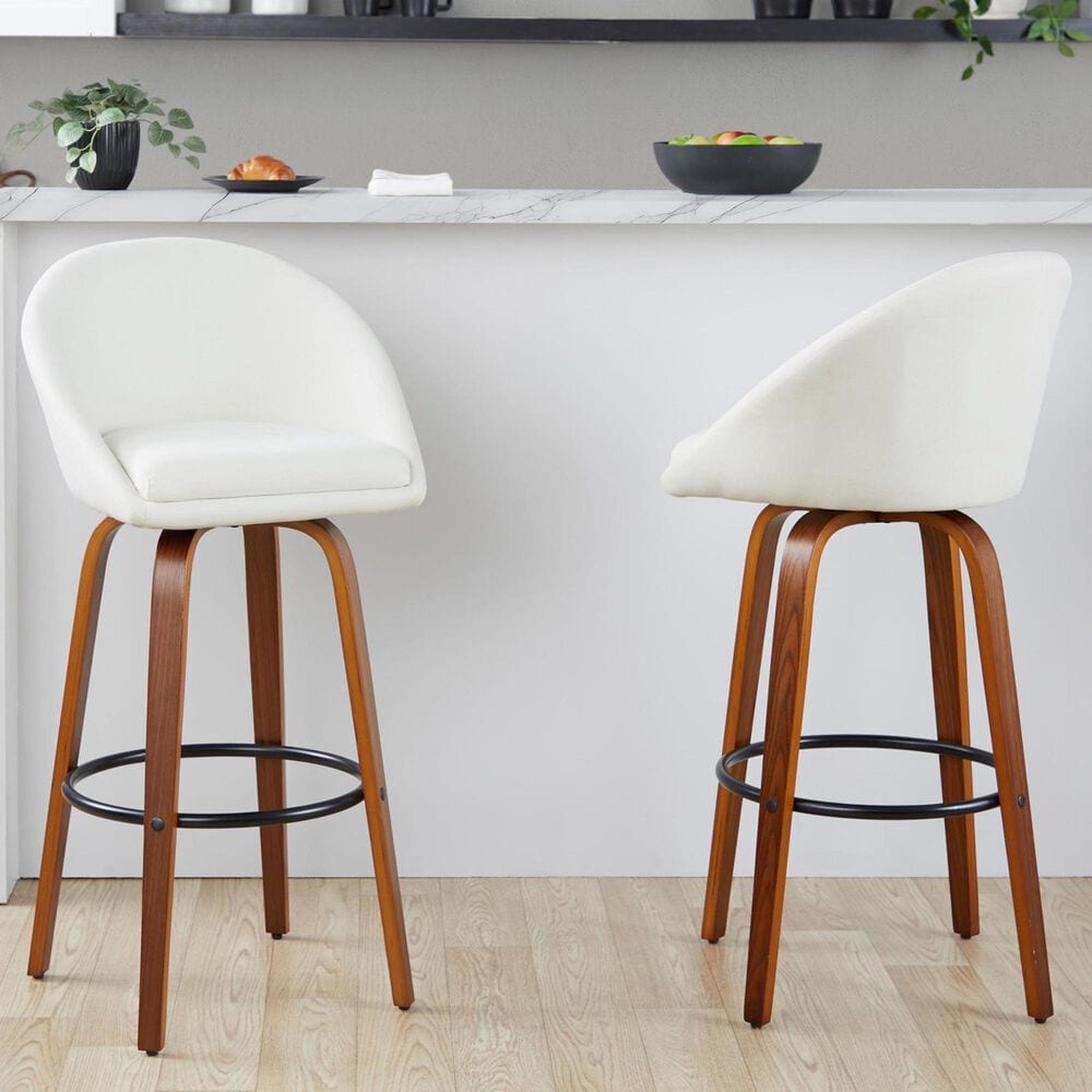 LumiSource Matisse 30" Swivel Barstool with Cream Fabric Upholstery in Walnut and Black (Set of 2), , large