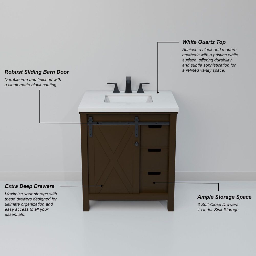 Lexora Home Marsyas 30&quot; Single Bathroom Vanity in Brown with White Quartz Top and Rectangular Sink, , large