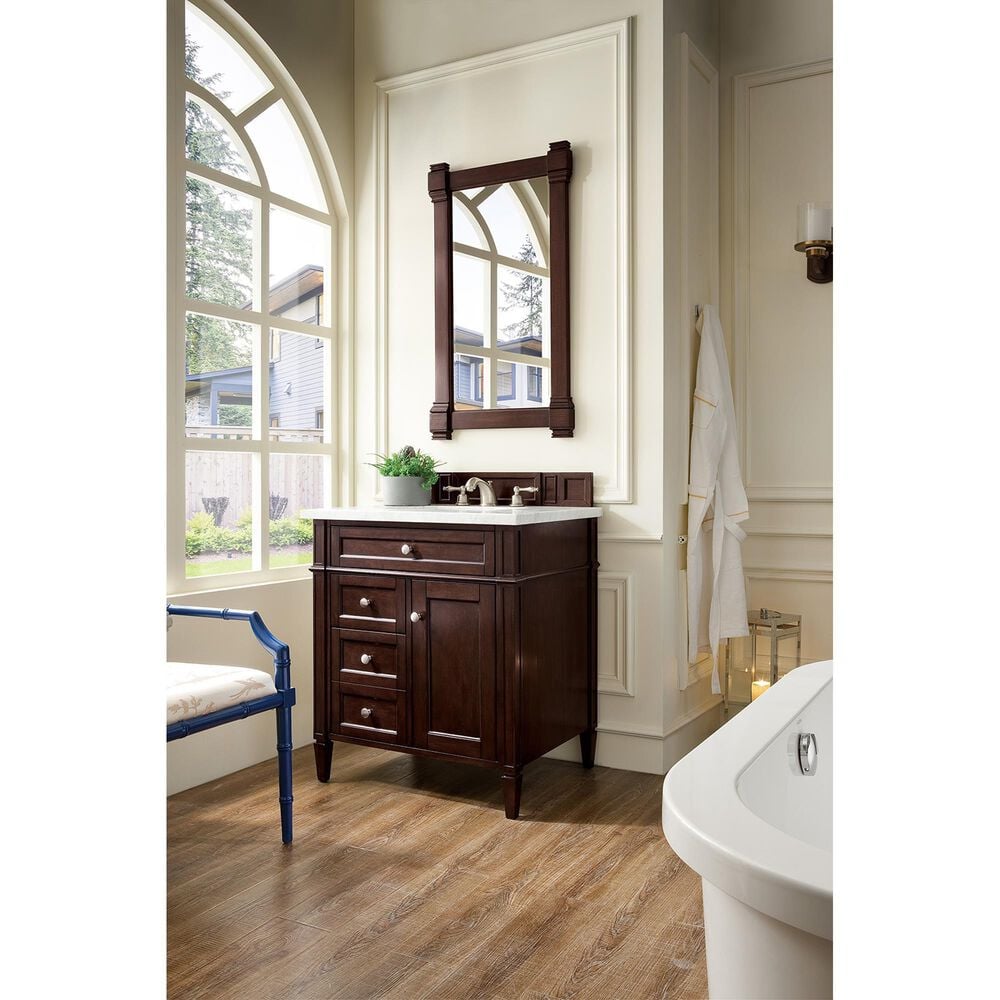 James Martin Vanities Brittany 30&quot; Single Bathroom Vanity in Burnished Mahogany with 3 cm Carrara White Marble Top and Rectangle Sink, , large