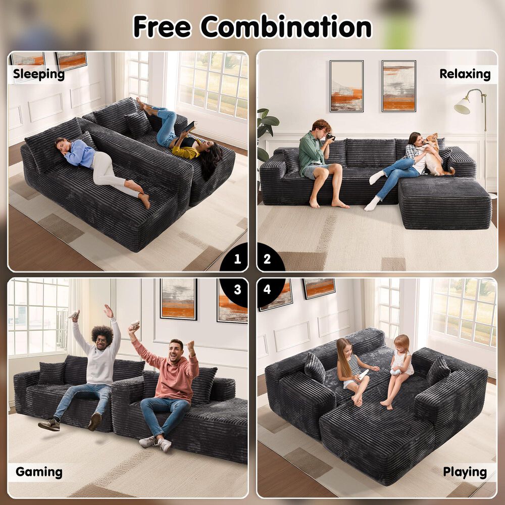 HOMLUX 104" Cloud Sectional Couch Upholstered Modular Sofa with Right L-Shape Chaise, Corduroy Fabric in Gray, , large