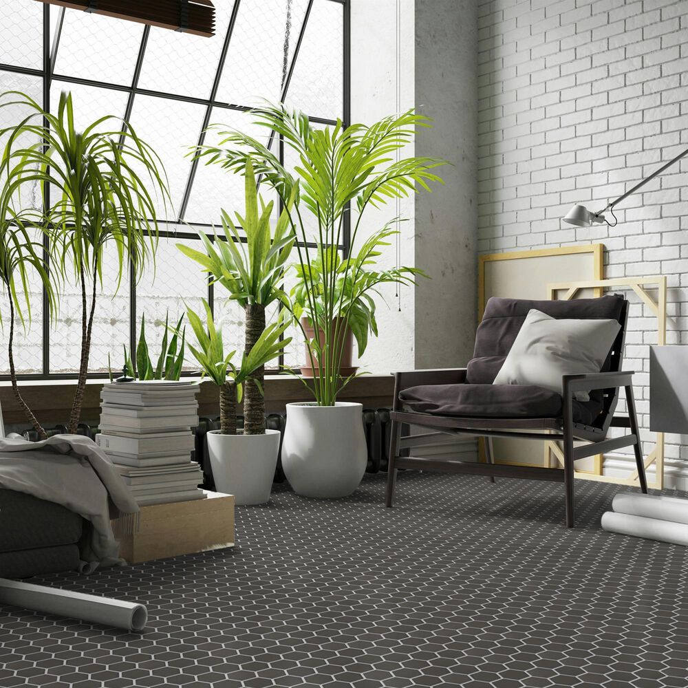 Emser Savvy Pewter 2" Hexagon on 11" x 12" Glazed Porcelain Mosaic Sheet, , large