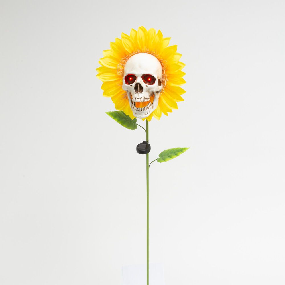 The Gerson Company Solar Lighted Halloween Sunflower with Skull Yard Stake in Assort, , large