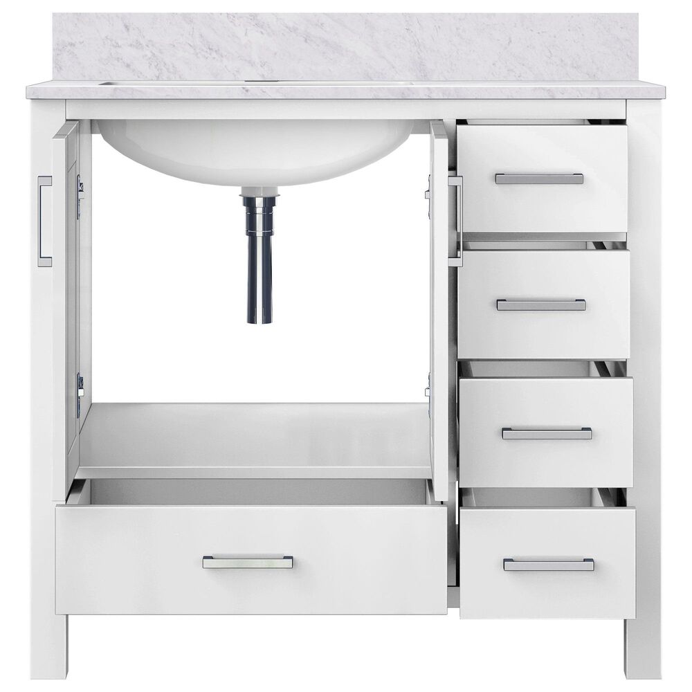 Lexora Home Jacques 36&quot; Left Offset Single Bathroom Vanity in White with 2 cm White Carrara Marble Top and Rectangular Sink, , large