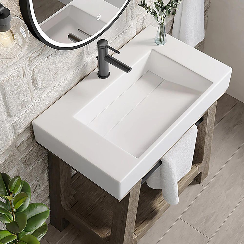 James Martin Vanities Auburn 31.5&quot; Single Bathroom Vanity in Weather Timber with Glossy White Stone Composite Top and Rectangular Sink, , large