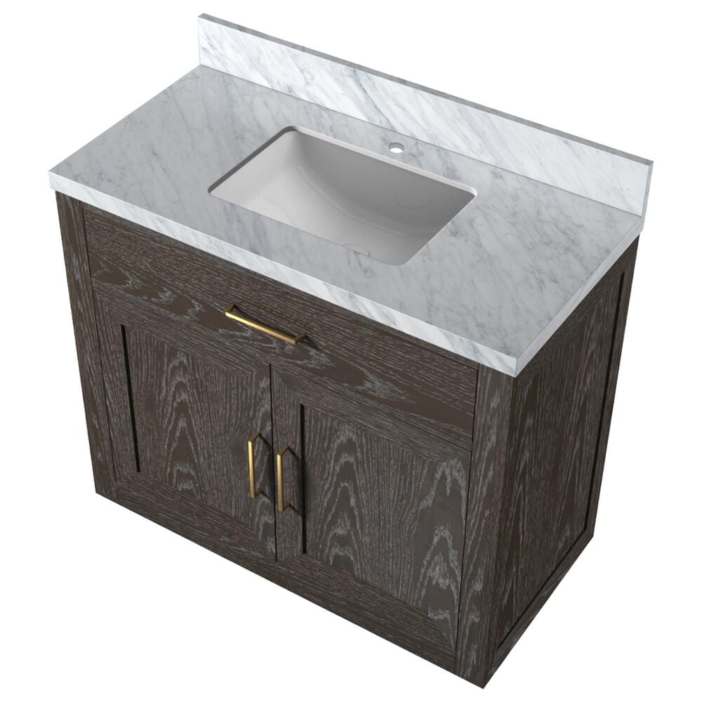 Lexora Home Abbey 36&quot; Single Bathroom Vanity in Brown Oak with 2 cm White Carrara Marble Top and Rectangular Sink, , large