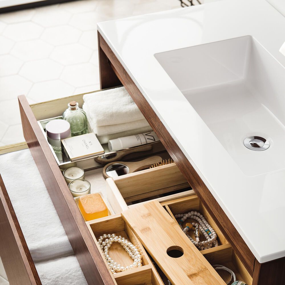 James Martin Vanities Mantova 35.4&quot; Single Vanity in Mid-Century Walnut and Champagne Brass with 3 cm Glossy White Composite Stone Top and Rectangular Sink, , large