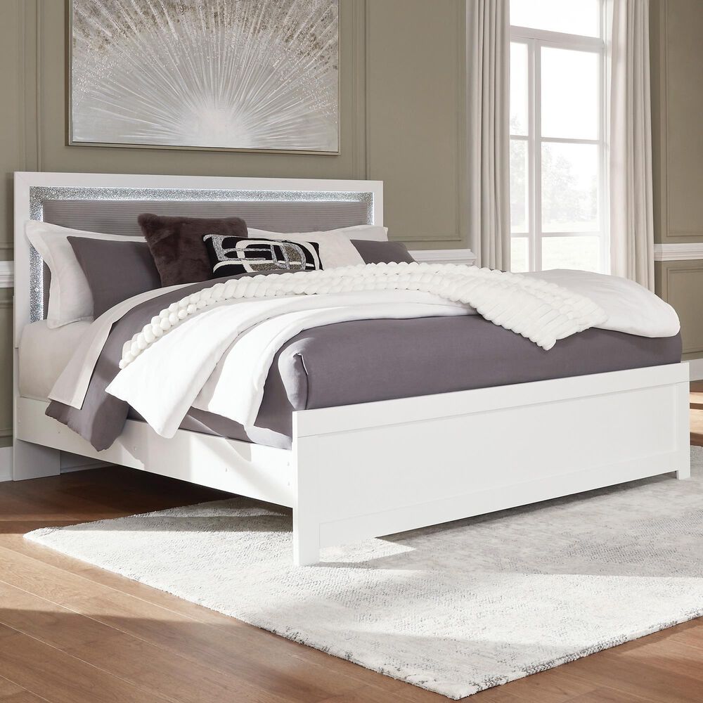 Ashley Maeling King Upholstered Panel LED Bed in Matte White and Gray, , large