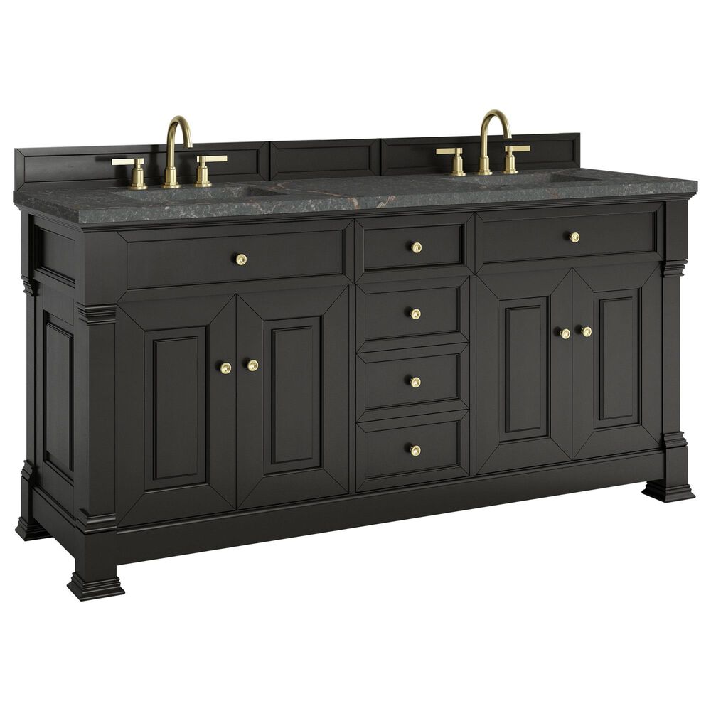 James Martin Vanities Brookfield 72" Double Bathroom Vanity in Black Onyx with 3cm Parisien Bleu Quartz Top and Rectangular Sinks, , large