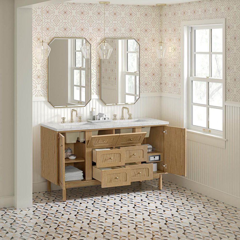 James Martin Vanities Laurent 60" Double Bathroom Vanity in Light Natural Oak with 3 cm Ethereal Noctis Silestone Top, Rectangular Sinks and FreePower Wireless Charger, , large