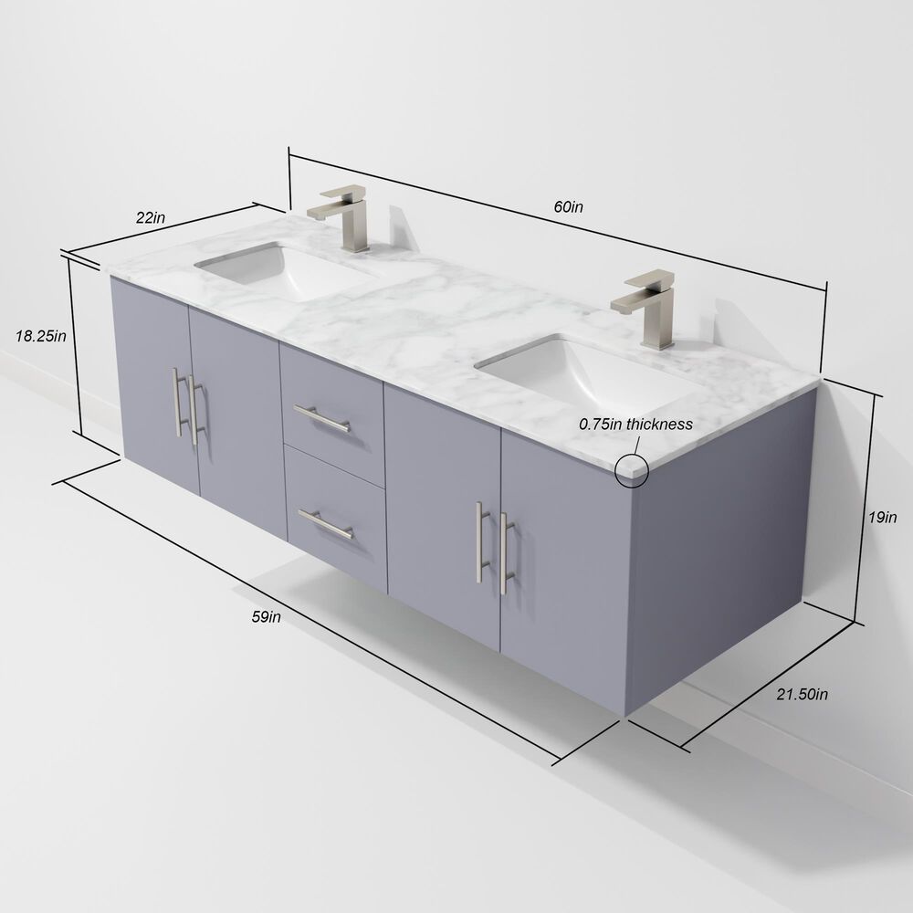 Lexora Home Geneva 60&quot; Double Bathroom Vanity in Dark Grey with 2 cm White Carrara Marble Top and Rectangular Sinks, , large